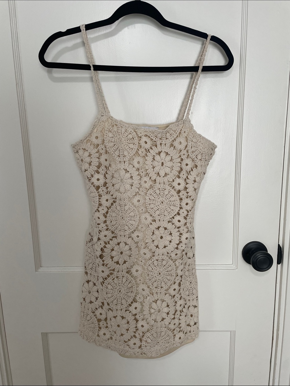 Mango Cream Crochet Lace Mini Dress with Spaghetti Straps
